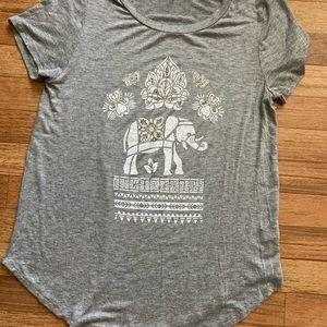 Gray tee with elephant on front. Size medium. By rags to riches. Tapered.